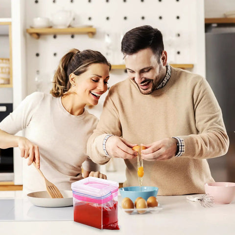 Couple cooking with 2 Pack Acrylic Food Prep Bag Holder Stand on kitchen counter