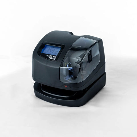 Automatic Date Time Stamp Machine For Office With Atomic Time Sync Secure Local Backup, displayed in black with a digital screen.