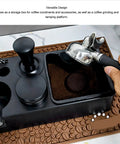 Matte Black Coffee Tamping Station With Knock Box Powder Organizer For Espresso Prep showing coffee grounds and accessories on counter.