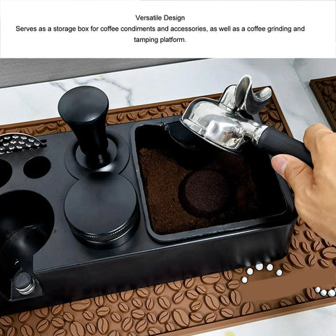Matte Black Coffee Tamping Station With Knock Box Powder Organizer For Espresso Prep showing coffee grounds and accessories on counter.