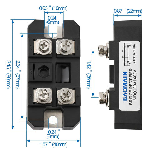 MDQ-100A Single Phase Bridge Rectifier Diode Module 1600V 100A for Power Supplies, mountable with dimensions labeled