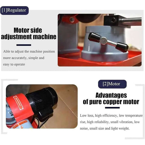 Motor side adjustment mechanism on Pro Shop Saw Blade Sharpener And Precision Gear Grinder With Water Cooled Electric Angle Mill Rig.