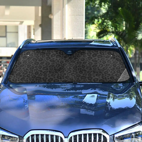 Leopard Print Car Windshield Sun Shade Foldable UV Ray Sun Visor Keeps Your Ride Cool With Four Suction Cups Animal Skin Pattern Fits Most Vehicles 51 By 27.6 Inches on parked car