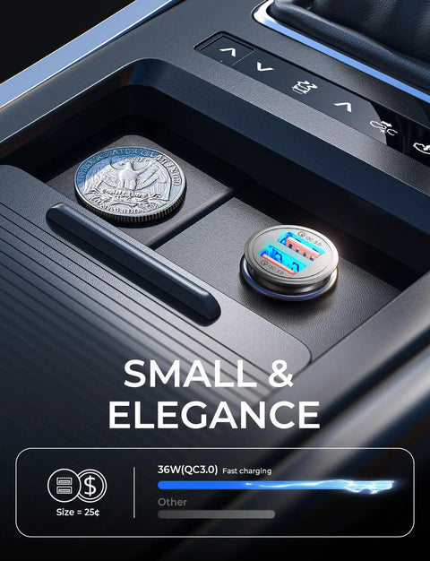 Ultra Compact 45W USB Car Charger Adapter With All Metal Body Cigarette Lighter Fast Charge in car console next to quarter