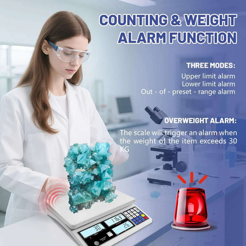 Scientist using heavy duty counting scale for small parts 30kg 66lb capacity, 1g precision, with weight alarm in laboratory.