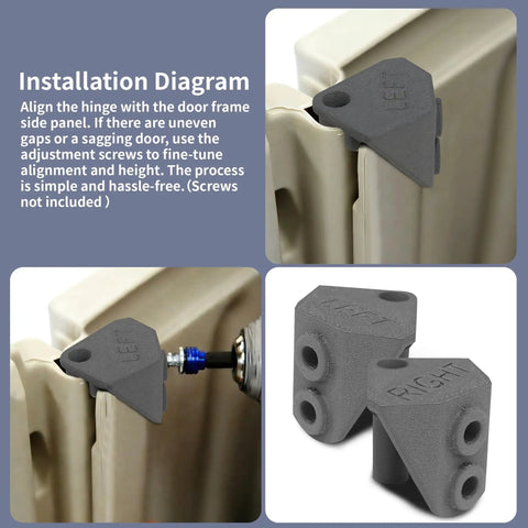 Right Door Hinge Replacement For 6 By 5 Ft Slide Lid Resin Shed Compatible With Part 3T17 3T17-2 3T17-3 Heavy Duty PETG Plastic Hinge Built To Last For Outdoor Storage Shed Doors, shown in use and close-up in gray color.
