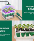 Five Pack Sixty Cell Seedling Trays With Grow Light Kit Indoor Seed Starting Starter Set including humidity domes and drainage holes.
