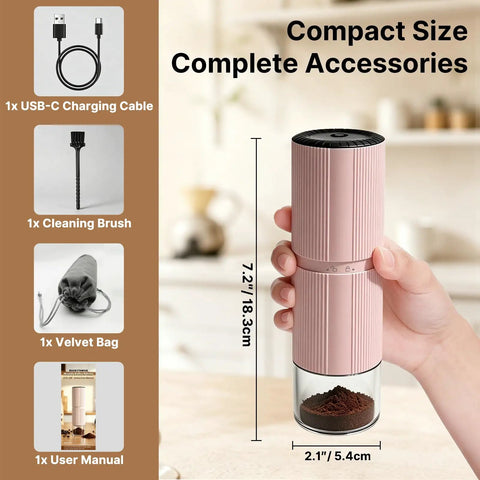 Portable Electric Coffee Grinder With Thirty Plus Burr Settings And Seven Precision Blades For Quick Even Grinds, compact design and accessories.