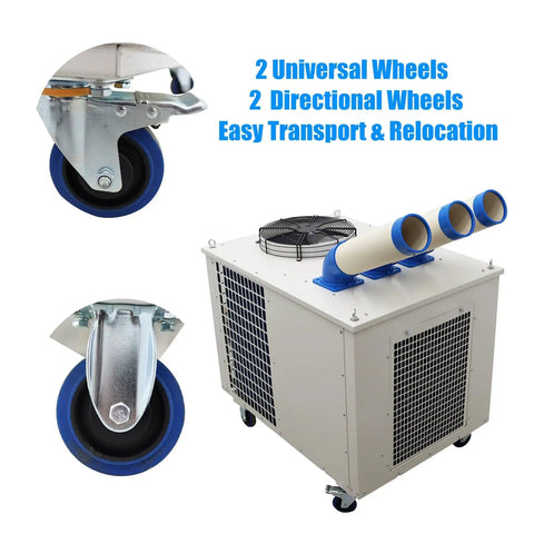 Ready To Roll 220V Industrial Portable Air Conditioner with wheels and air outlets for convenient transport and cooling.