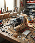 High Torque 12V DC Brushed Motor, 30W, 3500RPM, Reversible CW CCW on workshop bench with tools and circuit board