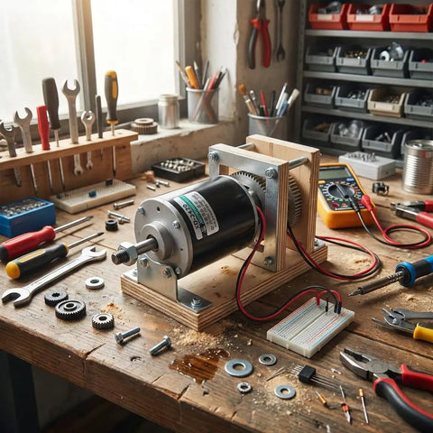 High Torque 12V DC Brushed Motor, 30W, 3500RPM, Reversible CW CCW on workshop bench with tools and circuit board