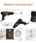Diagram of 2500W Induction Bolt Heater Handheld Tool with 4 coils and rugged case for frozen bolt removal, shown with automotive engine.