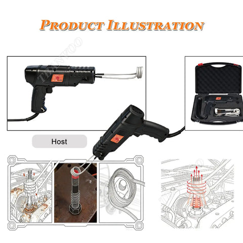 Diagram of 2500W Induction Bolt Heater Handheld Tool with 4 coils and rugged case for frozen bolt removal, shown with automotive engine.