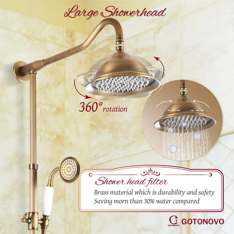 Exposed Antique Brass Shower System Set With 8 Inch Rain Shower Head, showing showerhead and 360-degree rotation feature.