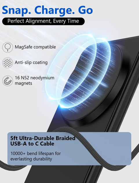 Fast Magnetic Wireless Charger Stand For iPhone 12 Through 17 Series with MagSafe features and USB-C cable