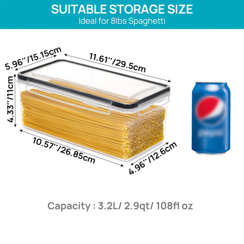 Airtight Food Storage Containers With Lids 4 Pack 3.2L Plastic Spaghetti Canisters for Pasta Organizer beside soda can.