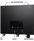 Close-up of the back panel of the 14KW Electric Tankless Water Heater showing mounting holes and digital control features.