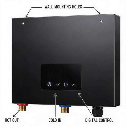 Close-up of the back panel of the 14KW Electric Tankless Water Heater showing mounting holes and digital control features.
