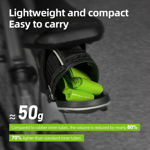 Image of a lightweight and compact TPU bike inner tube stored under a bike seat, labeled 50g, 2 Pack Gravel TPU Bike Inner Tubes For 700x32-47C And 29 Inch MTB Tires, Removable Valve Core, Metal Presta Valve, 45mm Length, Fits Multiple Sizes, Ultra Lightweight And Durable For Gravel And Trail Rides.