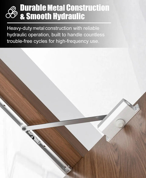 Non Handed Concealed Auto Door Closer With Self Closing Hydraulic Hinge on wooden door, heavy duty aluminum construction.