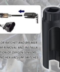 Heavy Duty 7/8 Inch O2 Sensor Socket And Knockout Extractor Tool For Any Domestic Or Import Rides Crafted From Premium Chrome Vanadium Steel features a side notch design.