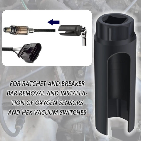 Heavy Duty 7/8 Inch O2 Sensor Socket And Knockout Extractor Tool For Any Domestic Or Import Rides Crafted From Premium Chrome Vanadium Steel features a side notch design.
