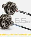 Dual Lens Articulating Borescope With Light, Ultra Thin 0.25in Probe inspecting gears, showcasing 6.5mm camera diameter.