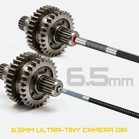 Dual Lens Articulating Borescope With Light, Ultra Thin 0.25in Probe inspecting gears, showcasing 6.5mm camera diameter.
