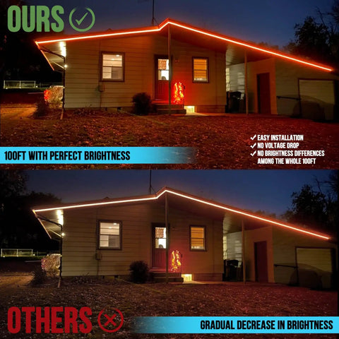 Outdoor 100Ft IP68 Waterproof LED Strip Lights With RF Remote And Bluetooth Music Sync App Control on house roof.