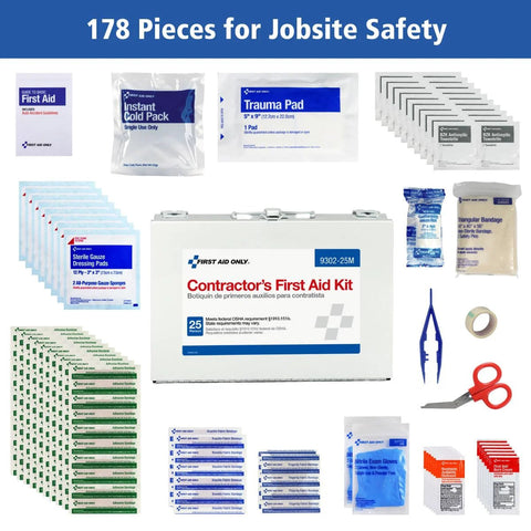 Front view of First Aid Only 9302-25M contractor's first aid kit, white case, 178-piece contents