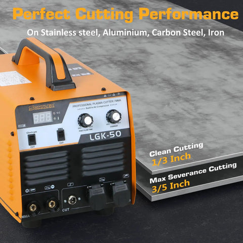 Close-up of 2 In 1 50 Amp Plasma Cutter And MMA Welder With Built In Air Compressor 220V Digital Inverter IGBT Arc Cutter Machine.