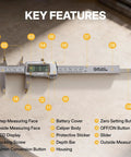BLACK CANYON 12" Digital Caliper showing key features like LCD display, caliper body, and depth bar on a surface.