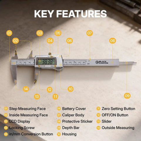 BLACK CANYON 12" Digital Caliper showing key features like LCD display, caliper body, and depth bar on a surface.