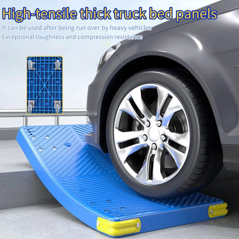 Heavy Duty Platform Hand Truck Featuring 360 Degree Swivel Wheels And Adjustable Safety Rail Built As The Rock Solid Workhorse For Smooth Warehouse Cargo Hauling on blue ramp under car tire.