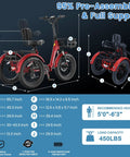 Adult Electric Trike 750W 48V Folding Three-Wheel Tricycle With 20x3 Fat Tires Front Suspension Hydraulic Disc Brakes Stable Rear Differential Easy Fold Comfortable Safe Ride For Seniors And Beginners red dimensions view