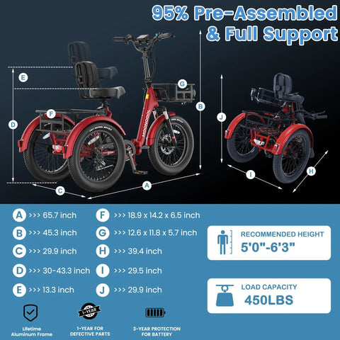 Adult Electric Trike 750W 48V Folding Three-Wheel Tricycle With 20x3 Fat Tires Front Suspension Hydraulic Disc Brakes Stable Rear Differential Easy Fold Comfortable Safe Ride For Seniors And Beginners red dimensions view