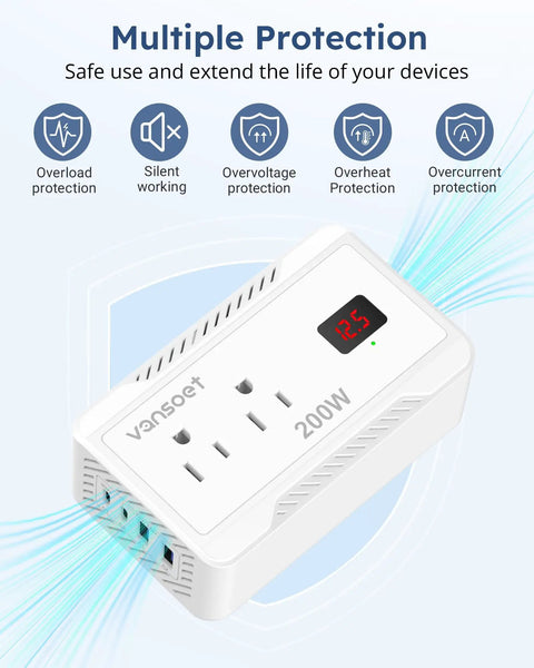 Image of Reliable Car Power Inverter DC Twelve To One Ten Converter with PD Fast Charge USB C Ports and dual AC outlets, showing multiple protection features.