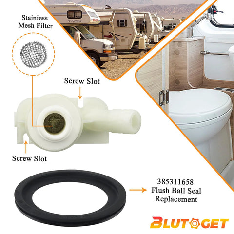 Blutoget flush ball seal replacement for Sealand/Dometic RV toilets; white plastic valve with mesh filter and black rubber seal
