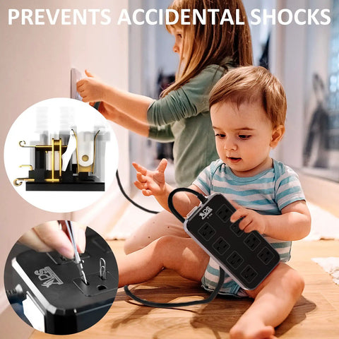 Child sitting with All Weather Outdoor Power Strip With 8 Outlets And 3 USB Ports IPX6 Waterproof Surge Protector For Garden And Patio