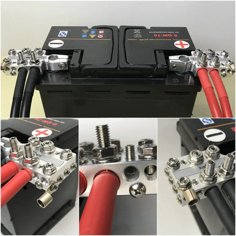 Heavy Duty 20-Way Lead Acid Battery Post Terminal Ends Distribution Block Bus Bar for Tapered Top SAE DIN EN Posts, Accepts 8 AWG Up to 4/0 XL Wire Gauge, Multi Size Connectors, Ideal for AGM Gel Wet MF Batteries and Pro Grade Car Electrical Upgrades. battery terminal block on lead-acid battery with red and black cables