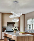 Three Ring LED Crystal Pendant Light Fixture For Dining Room DIY Adjustable Stainless Steel Chandelier With K9 Crystals Modern Glam Ceiling Lamp Elegant Ceiling Pendant Lighting In Cold White hanging in kitchen