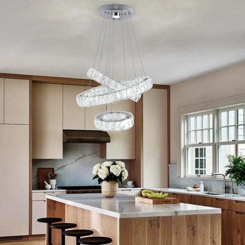 Three Ring LED Crystal Pendant Light Fixture For Dining Room DIY Adjustable Stainless Steel Chandelier With K9 Crystals Modern Glam Ceiling Lamp Elegant Ceiling Pendant Lighting In Cold White hanging in kitchen