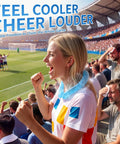 Woman wearing All Day Ice Neck Wrap For Summer Heat Relief cheering at a sporting event, surrounded by fans in sunny stadium.