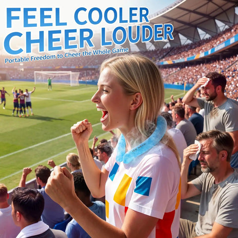 Woman wearing All Day Ice Neck Wrap For Summer Heat Relief cheering at a sporting event, surrounded by fans in sunny stadium.