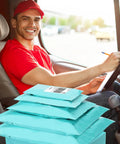 Delivery driver with teal non padded poly mailers in van, part of 60 pack self sealing variety pack with five sizes for small business.