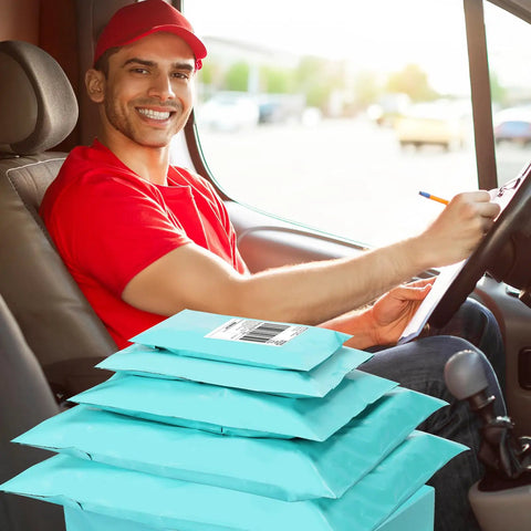 Delivery driver with teal non padded poly mailers in van, part of 60 pack self sealing variety pack with five sizes for small business.