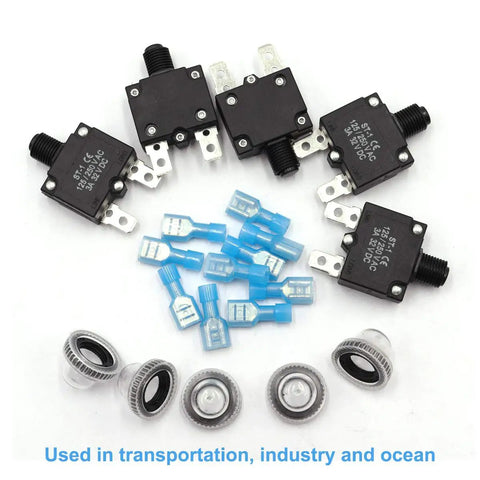 5 Piece 7 Amp Push To Reset Thermal Circuit Breaker Set With Waterproof Button Caps And Quick Connect Terminals 125 250V AC And 32V DC Single Pole Overload Protector Switches For Home Marine And DIY Electronics, black plastic