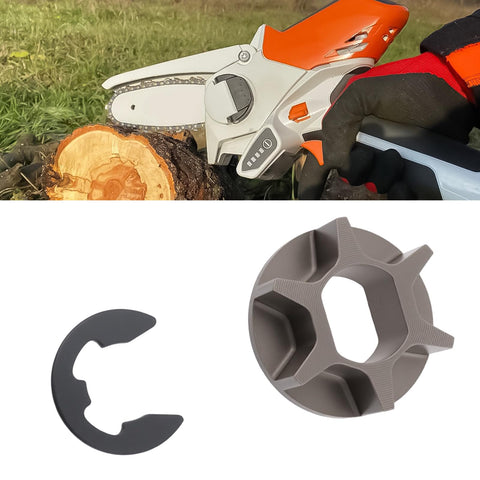 GTA 26 Sprocket For One Quarter Inch Chain Wheel With 6 Teeth around wooden log, compatible with Stihl GTA 26 tools.