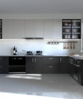 Modern kitchen featuring black and white cabinets with sleek design; open shelves and stainless steel appliances.