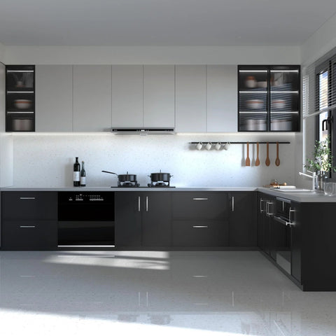 Modern kitchen featuring black and white cabinets with sleek design; open shelves and stainless steel appliances.